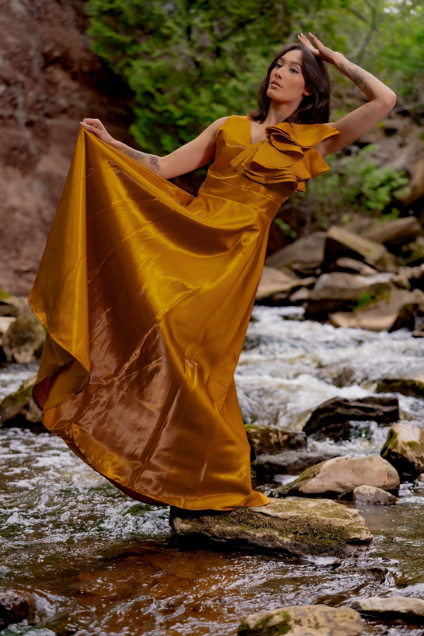 Liquid Organza Gold Dress With Ruffles