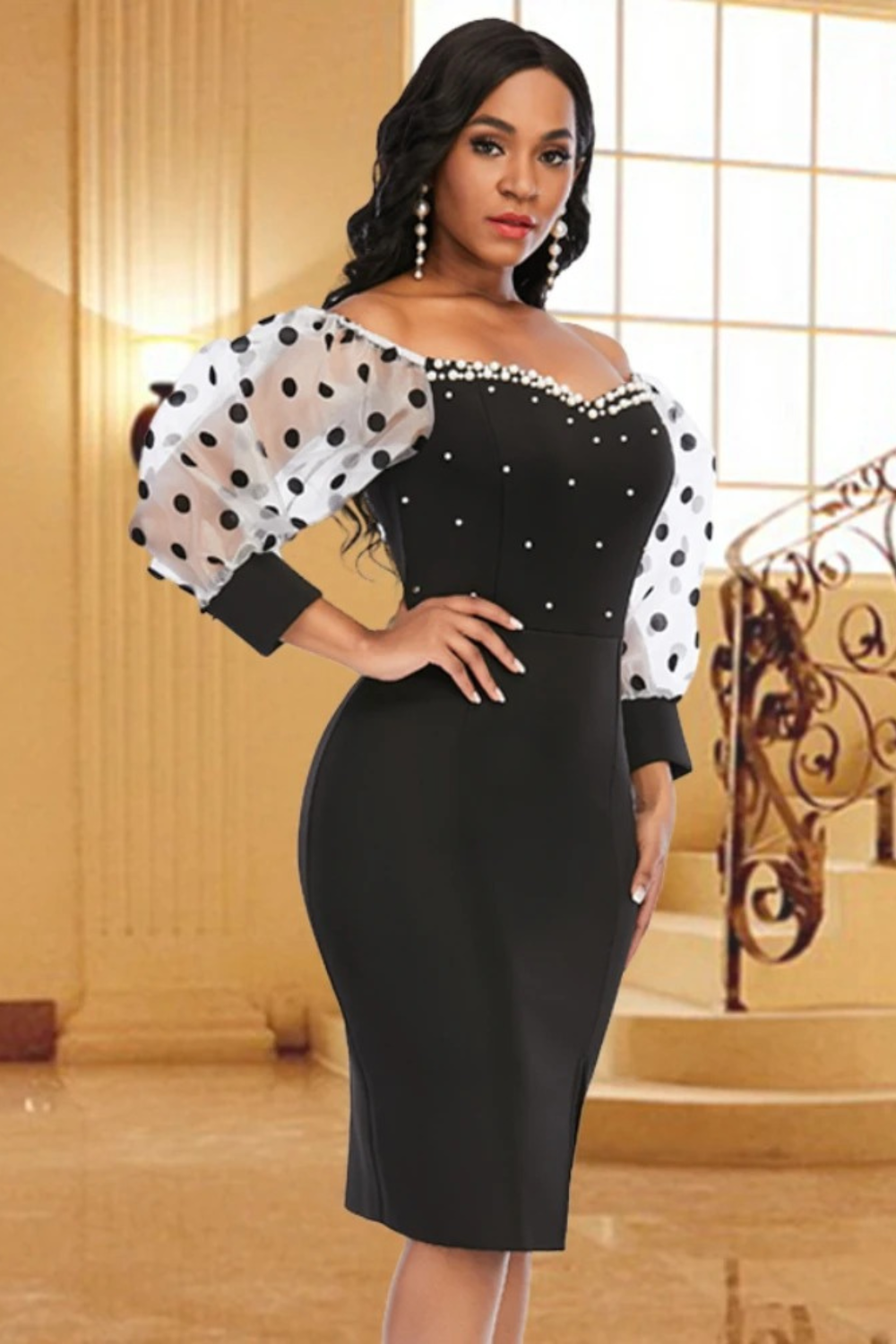 Off-Shoulder Polka Dot Mesh Sleeve Dress