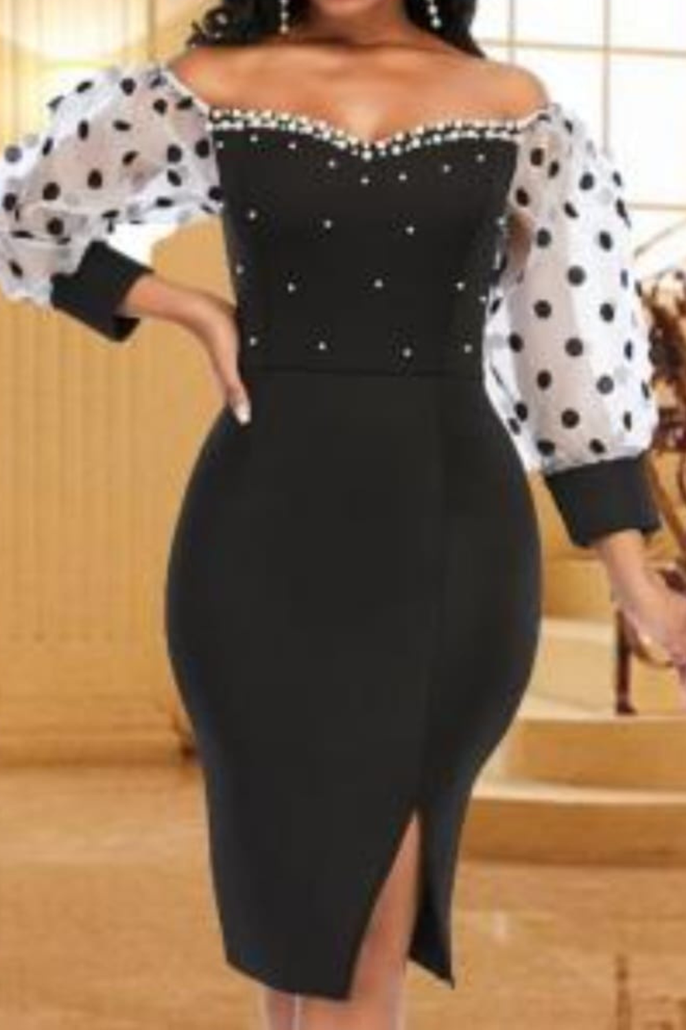 Off-Shoulder Polka Dot Mesh Sleeve Dress