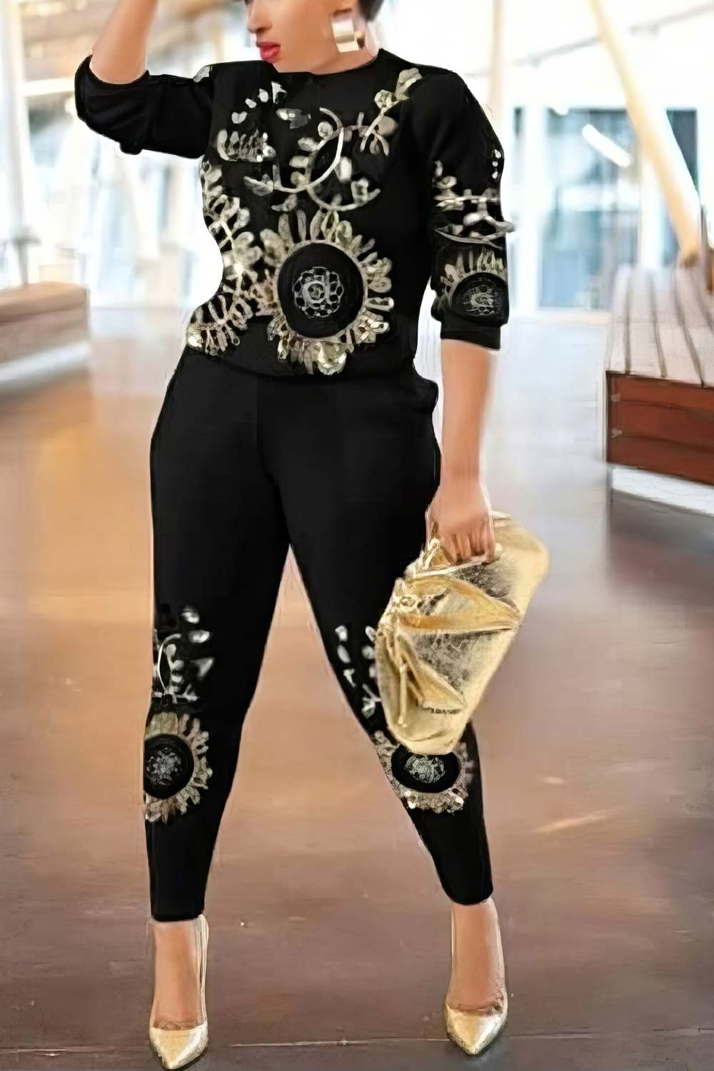 Gold Leaf Embroidery Sweater and Leggings Set