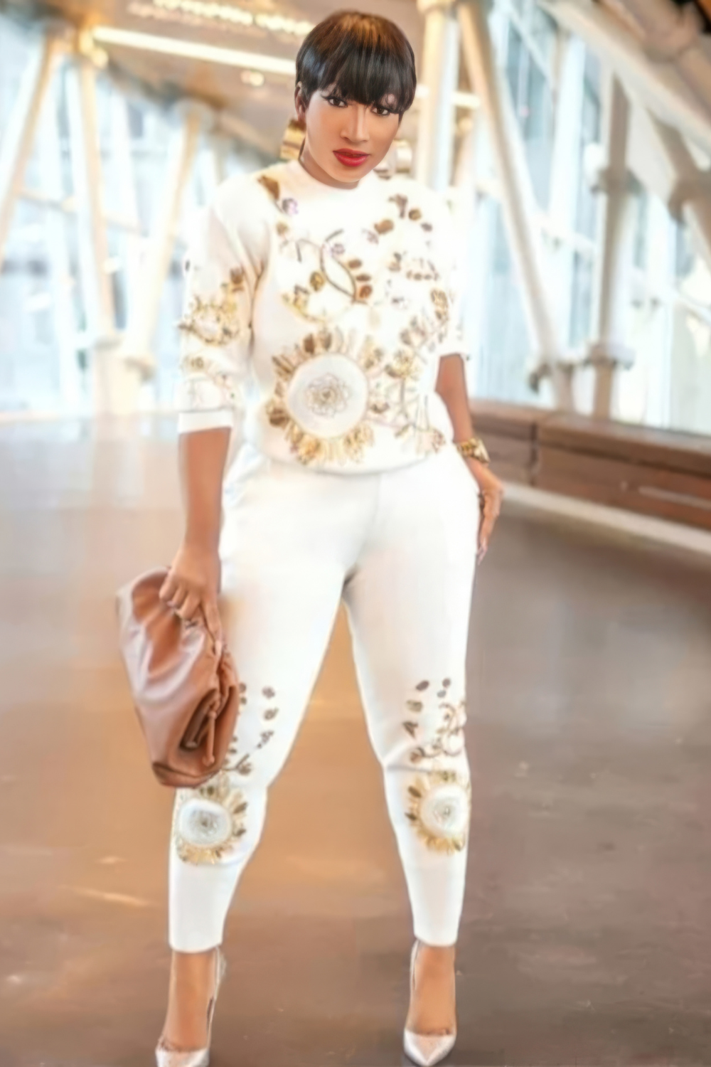 Gold Leaf Embroidery Sweater and Leggings Set