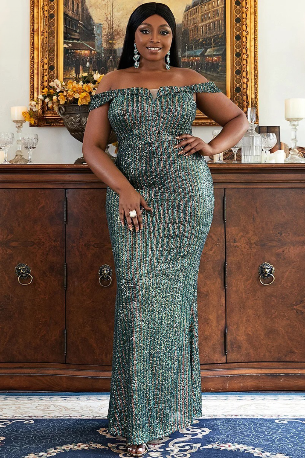 Green Sequin Off-Shoulder Evening Dress