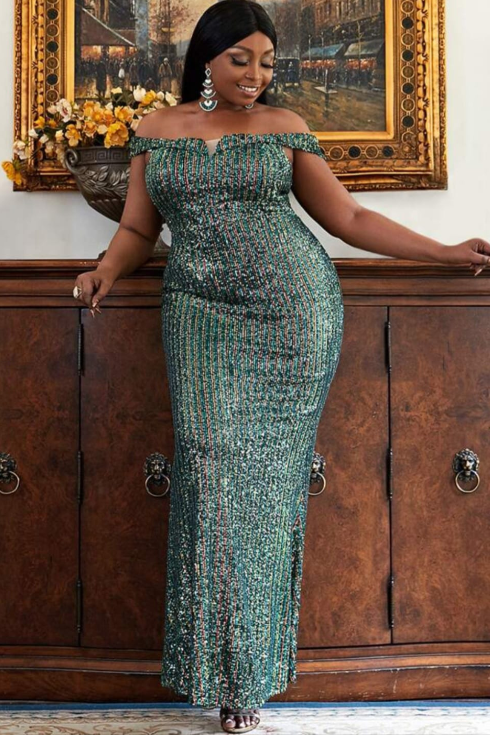 Green Sequin Off-Shoulder Evening Dress