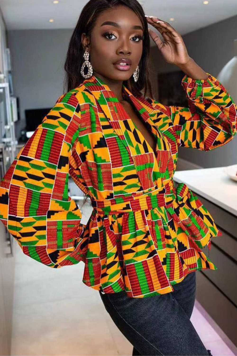 African Print Dashiki and Kente V-Neck Blouse